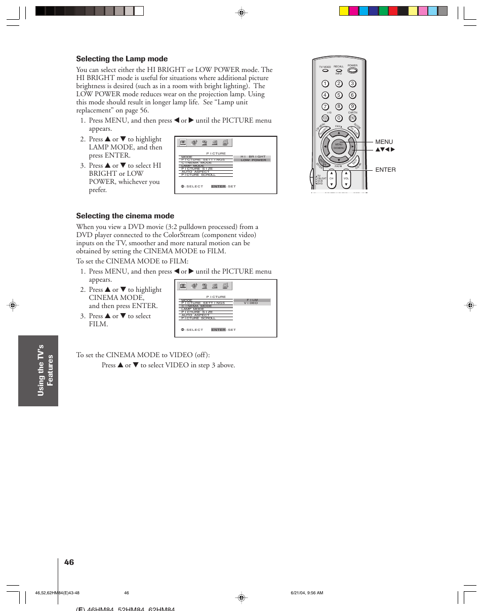 Selecting the lamp mode, Selecting the cinema mode | Toshiba CT-90159 User Manual | Page 46 / 68