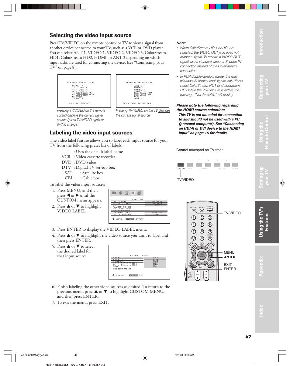 Selecting the video input source, Labeling the video input sources | Toshiba CT-90159 User Manual | Page 47 / 68
