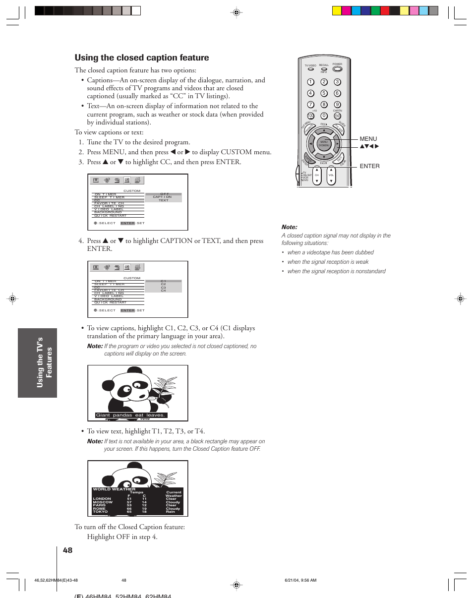 Using the closed caption feature | Toshiba CT-90159 User Manual | Page 48 / 68