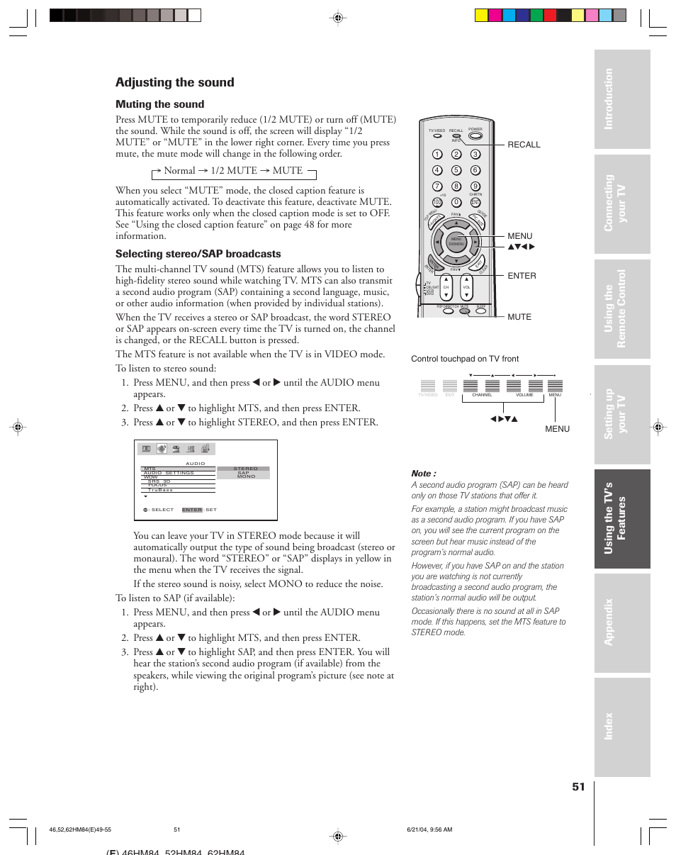 Adjusting the sound, Muting the sound, Selecting stereo/sap broadcasts | Toshiba CT-90159 User Manual | Page 51 / 68