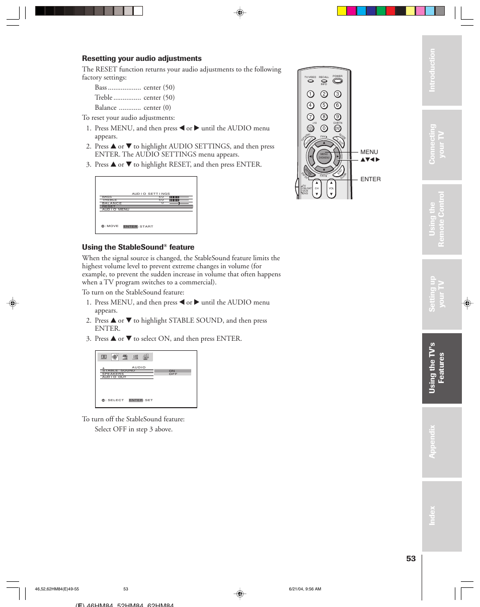 Resetting your audio adjustments, Using the stablesound, Feature | Toshiba CT-90159 User Manual | Page 53 / 68