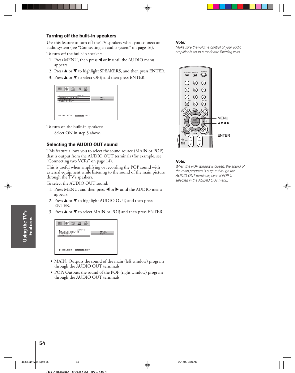 Turning off the built-in speakers, Selecting the audio out sound | Toshiba CT-90159 User Manual | Page 54 / 68
