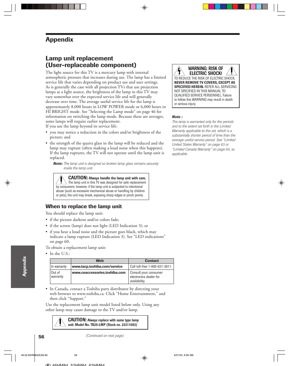 When to replace the lamp unit | Toshiba CT-90159 User Manual | Page 56 / 68
