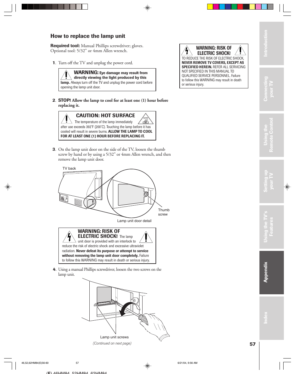 How to replace the lamp unit | Toshiba CT-90159 User Manual | Page 57 / 68
