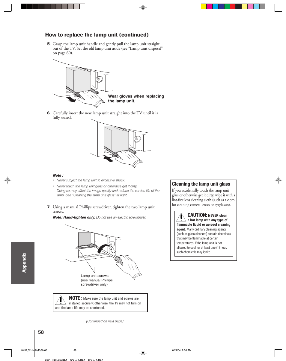 How to replace the lamp unit (continued) | Toshiba CT-90159 User Manual | Page 58 / 68