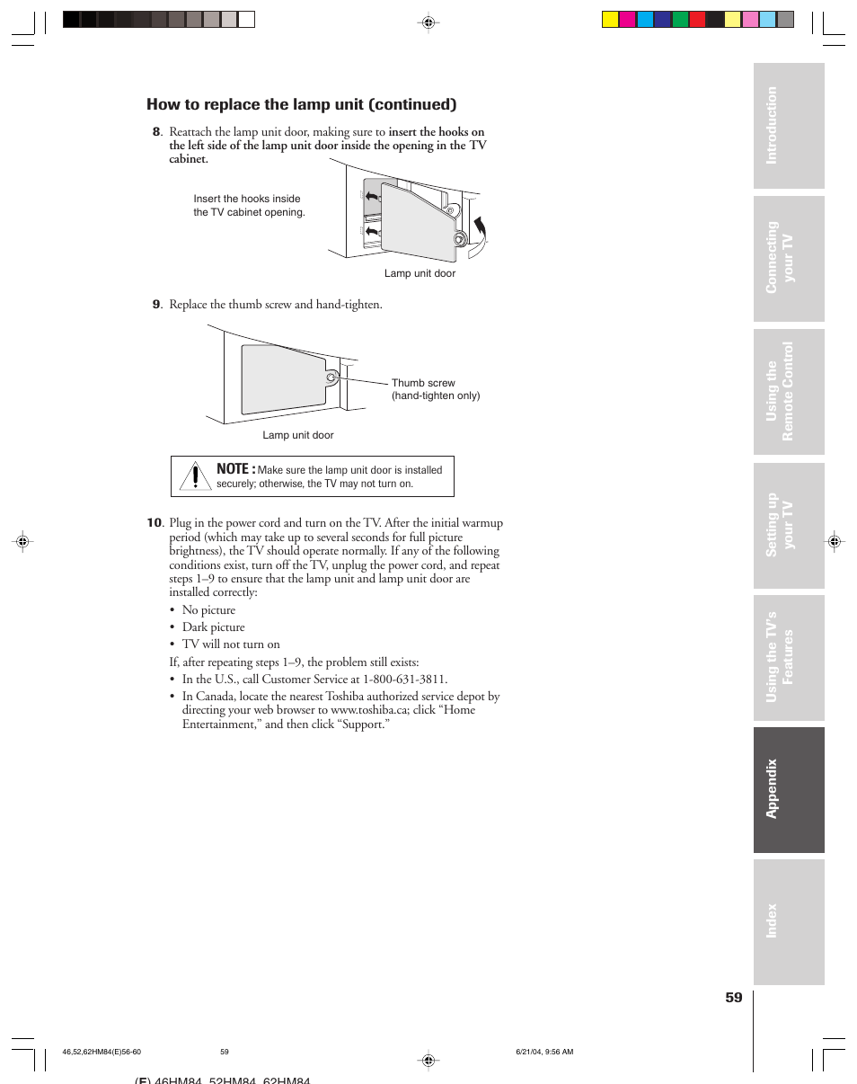 How to replace the lamp unit (continued) | Toshiba CT-90159 User Manual | Page 59 / 68