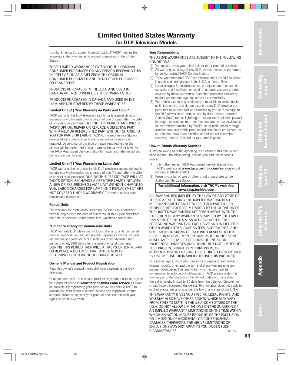 Limited united states warranty, For dlp television models | Toshiba CT-90159 User Manual | Page 63 / 68