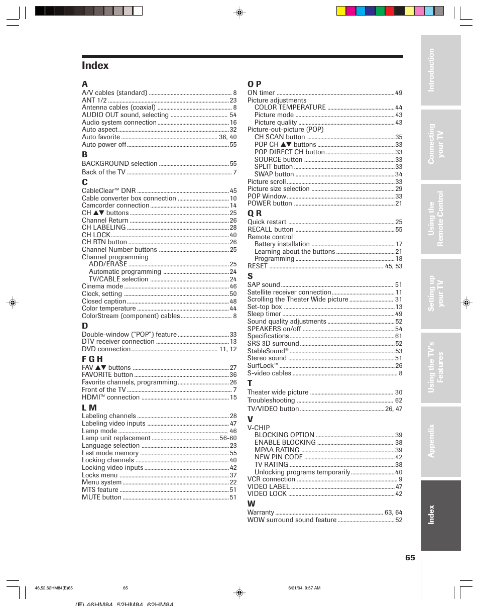 Index | Toshiba CT-90159 User Manual | Page 65 / 68
