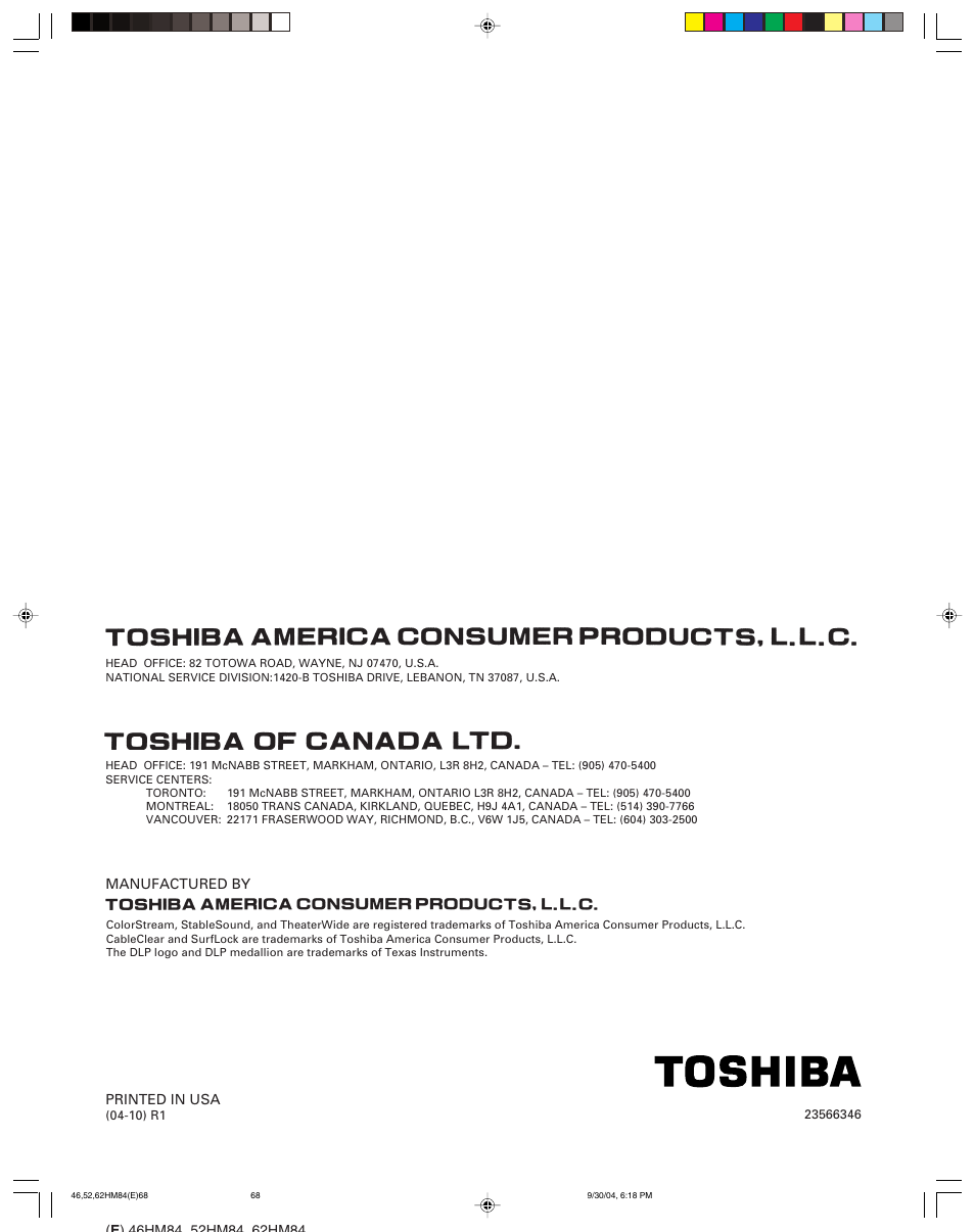 Toshiba CT-90159 User Manual | Page 68 / 68