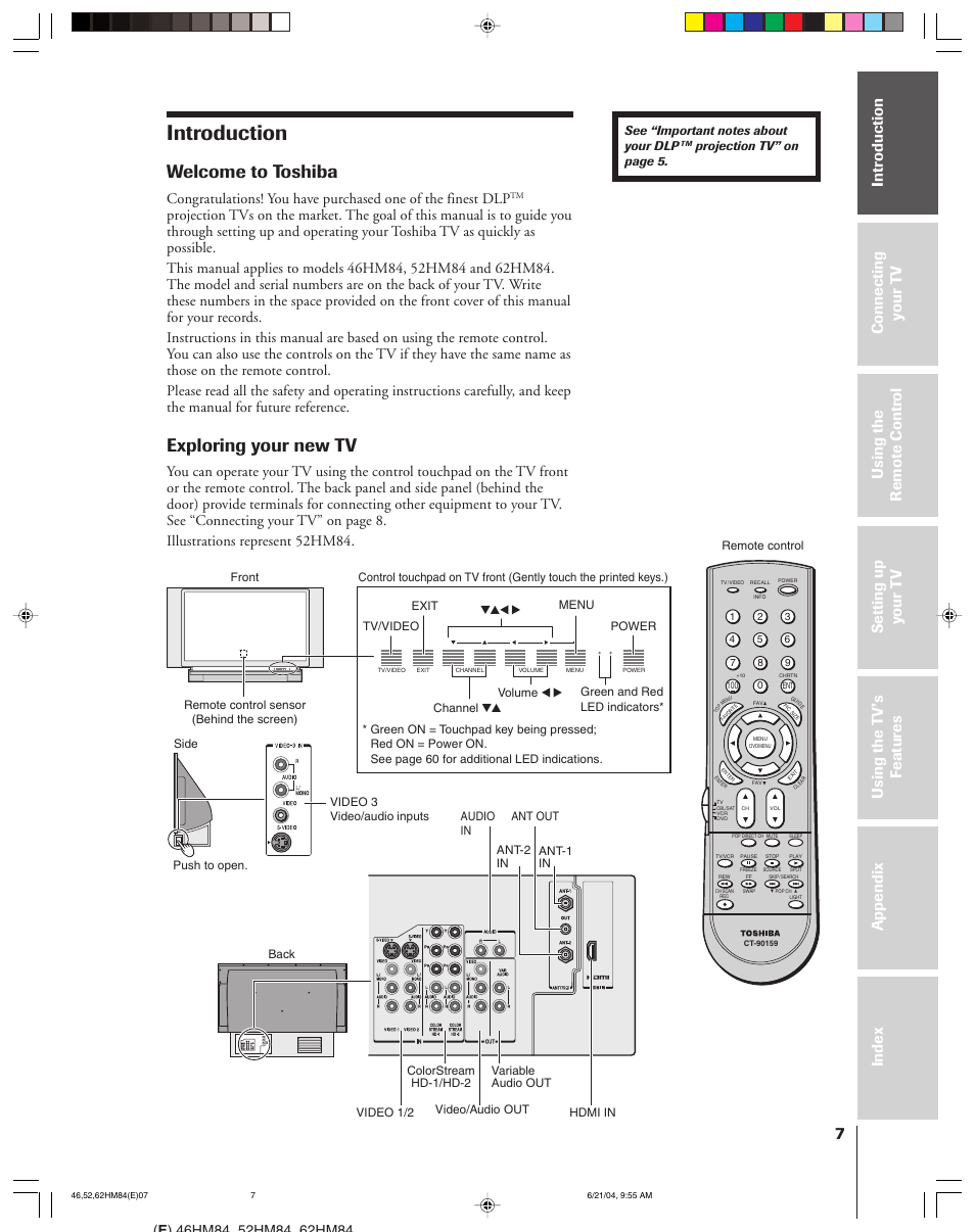 Introduction, Welcome to toshiba, Exploring your new tv | Menu volume channel exit tv/video power | Toshiba CT-90159 User Manual | Page 7 / 68