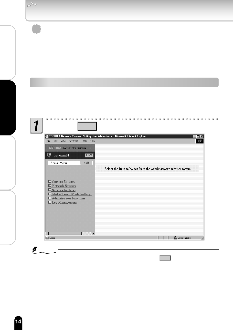 Viewing images by administrator, Click the ii live ii button, Click the | Live, Button, Viewing and listening (administrator) (cont.) | Toshiba IK-WB11A User Manual | Page 14 / 119