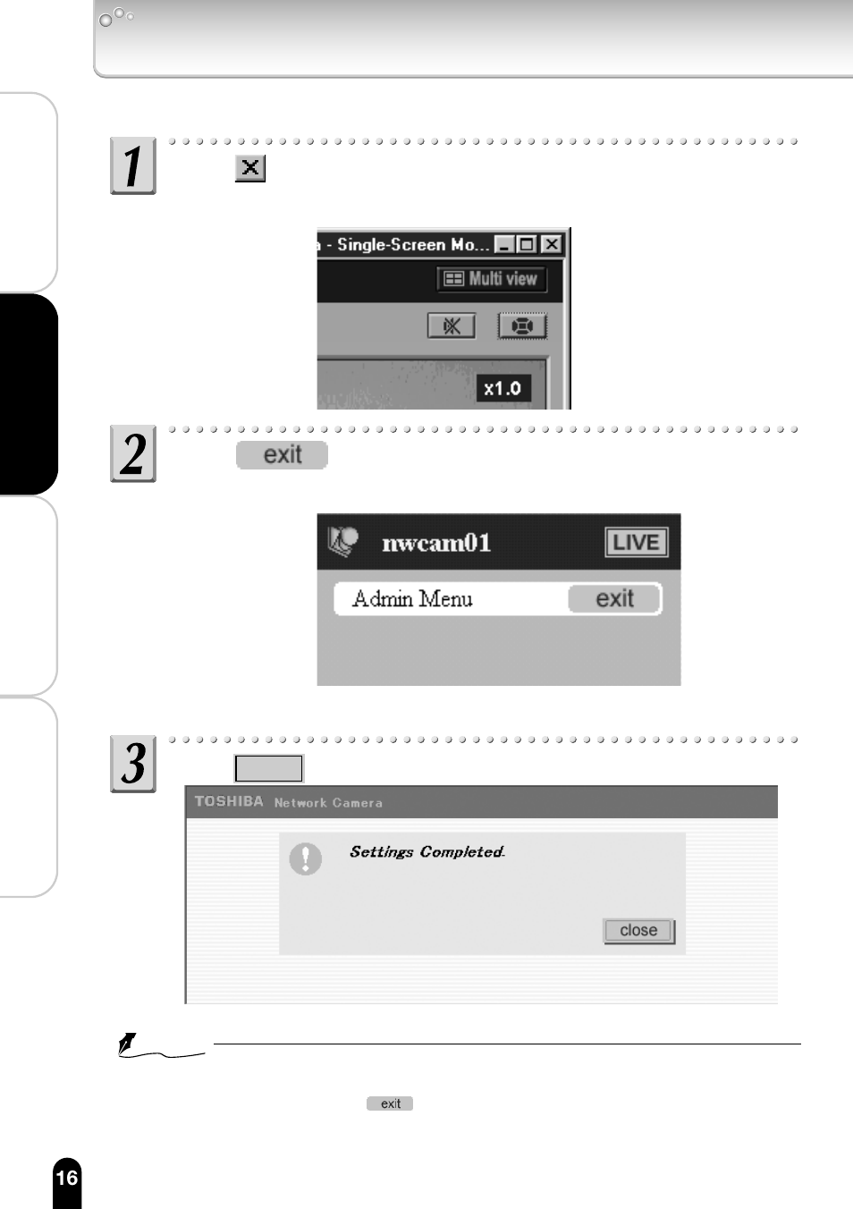 3 click i close 1 button, Admm menu, Exit | Viewing and listening (administrator) (cont.), Iiwcamol | Toshiba IK-WB11A User Manual | Page 16 / 119