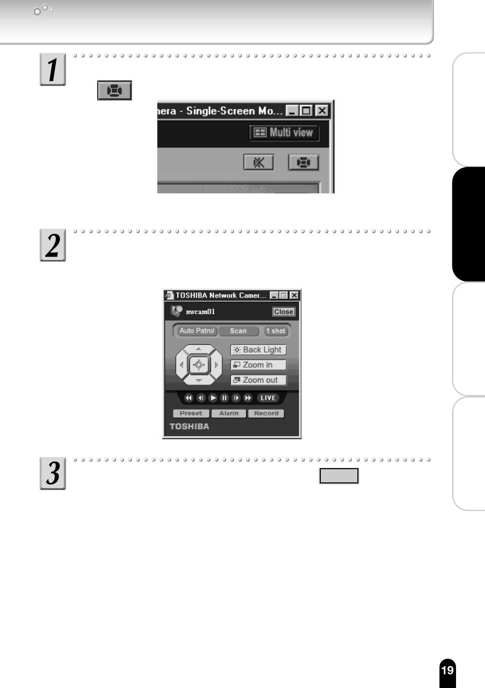 The i ® i button, Use the controller to operate images, The upper-right corner of the window | Operation of live camera images by administrator | Toshiba IK-WB11A User Manual | Page 19 / 119