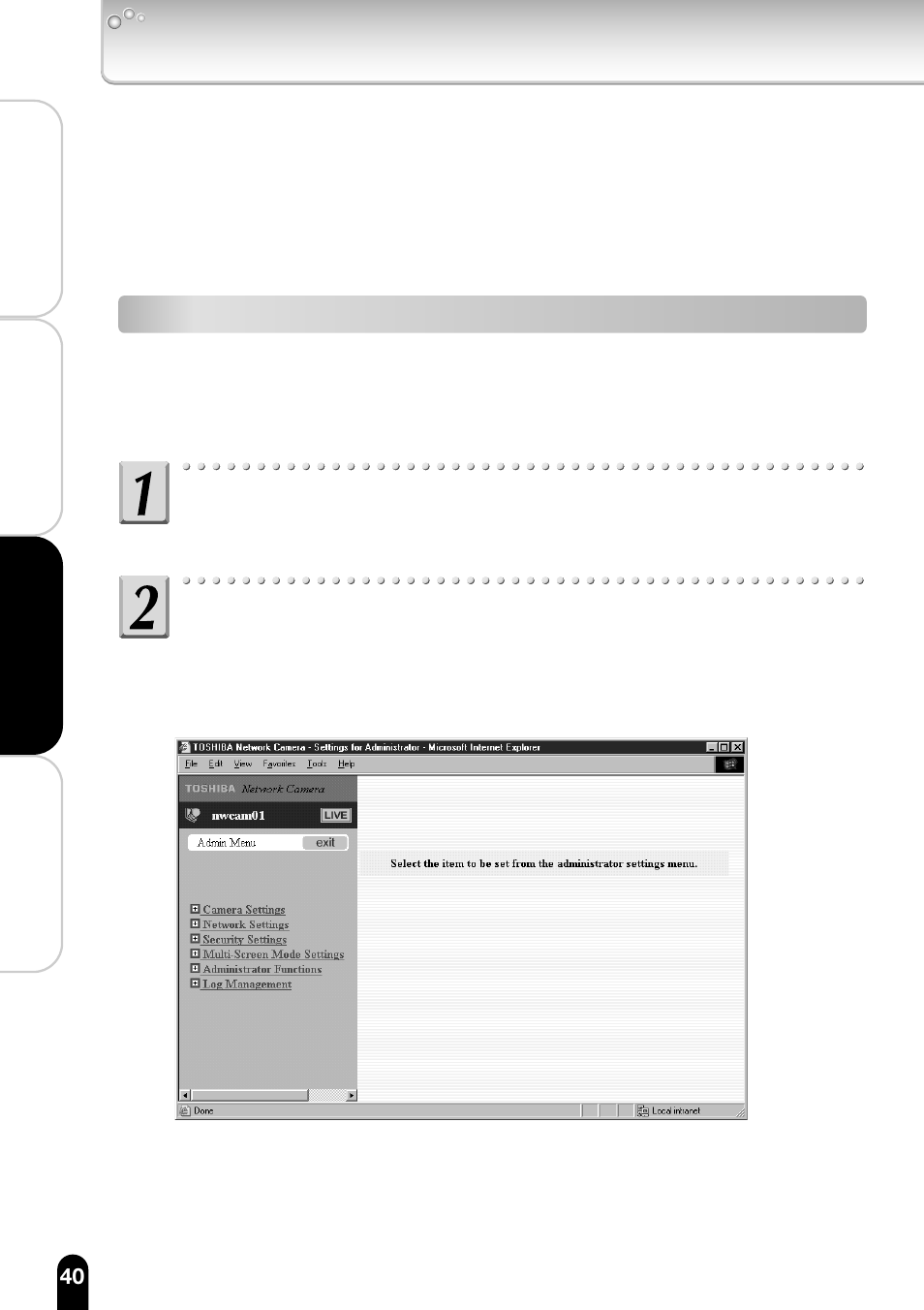 Configuring the camera, Configuring general settings, Perform administrator login page 13) | Toshiba IK-WB11A User Manual | Page 40 / 119