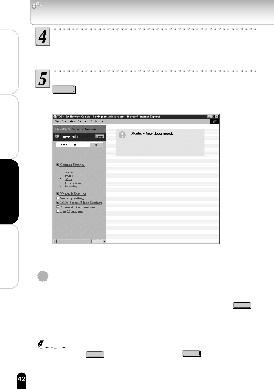 Configure each setting, Configuring mail settings, Configuring the camera (cont.) | Toshiba IK-WB11A User Manual | Page 42 / 119