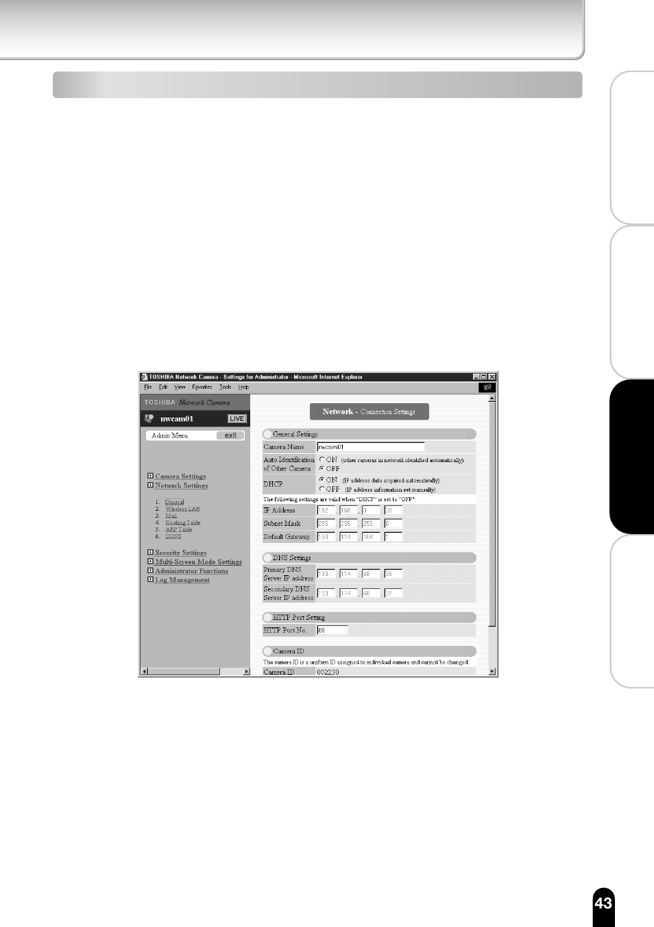 Main setting items | Toshiba IK-WB11A User Manual | Page 43 / 119