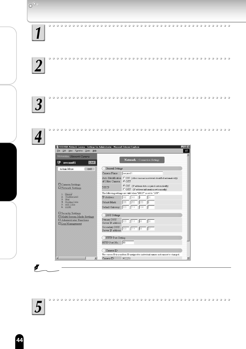 From the list of sub menus, click "general, Enter the camera name, Set "dhcp" to "off | Configuring the camera (cont.) | Toshiba IK-WB11A User Manual | Page 44 / 119