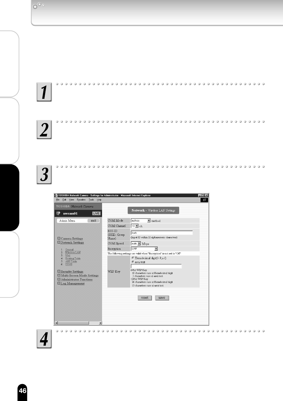 From the list of sub menus, click "wireless lan, I configure the communication mode, Configuring the camera (cont.) | Toshiba IK-WB11A User Manual | Page 46 / 119
