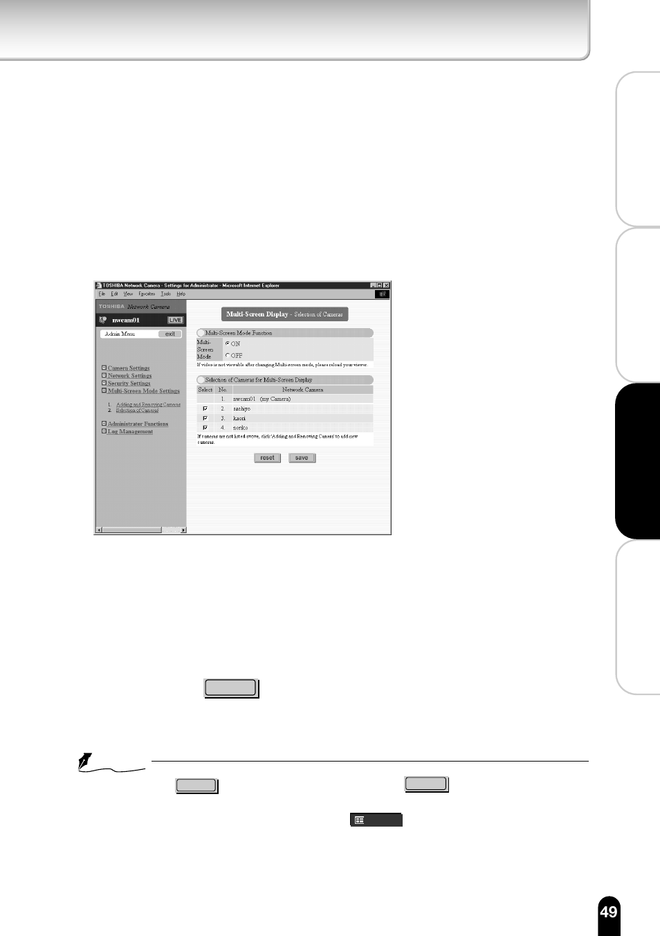 2)set "multi-screen mode" to "on, 4)click the i ji button | Toshiba IK-WB11A User Manual | Page 49 / 119