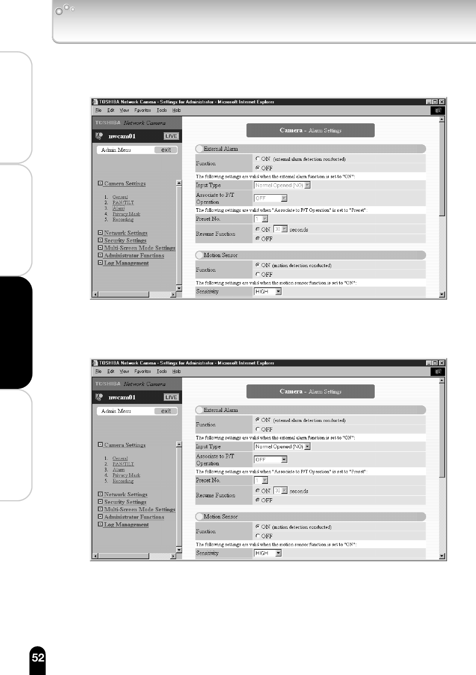 Configuring the camera (cont.) | Toshiba IK-WB11A User Manual | Page 52 / 119