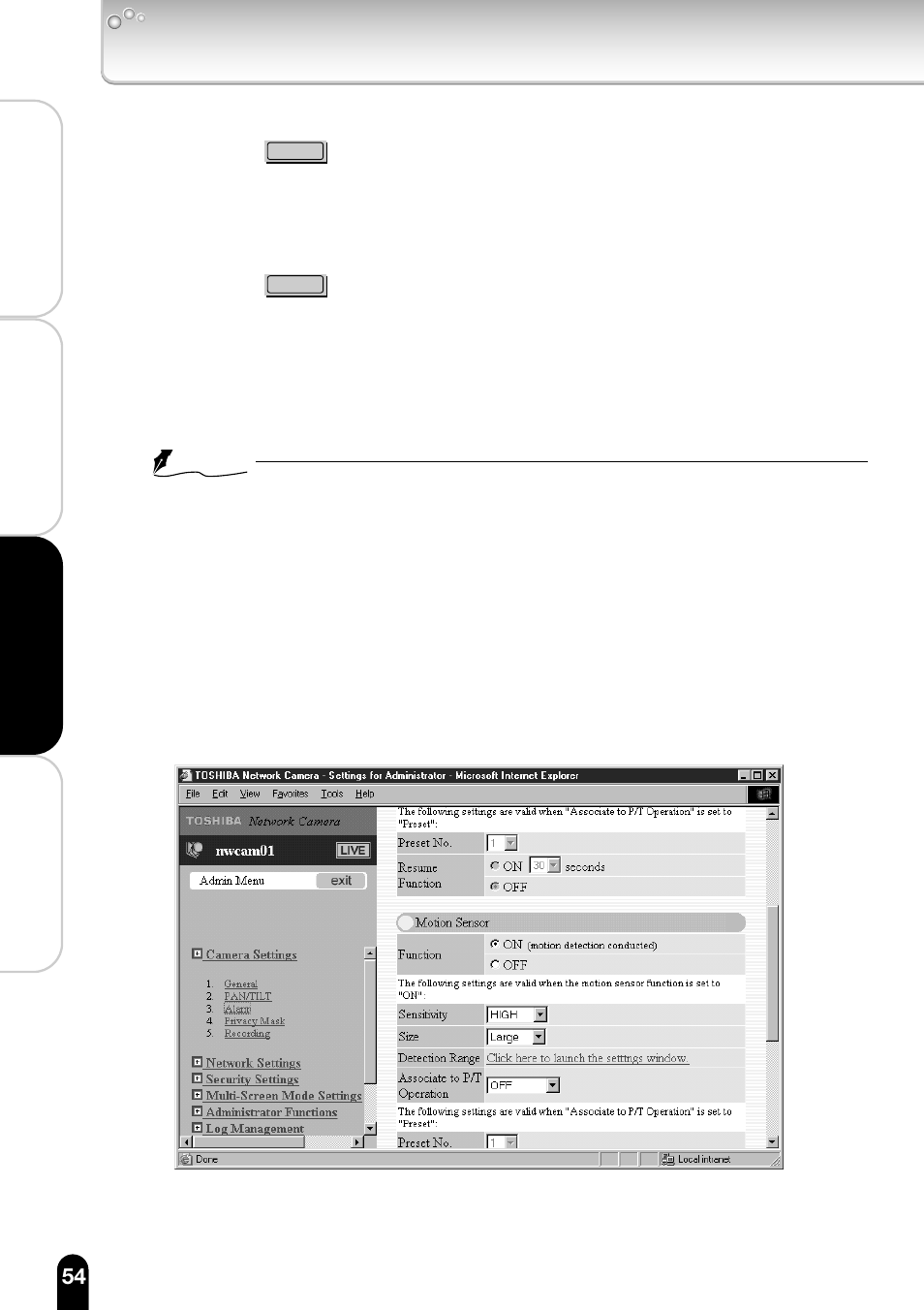 6)to finish configuring the alarm settings, To restore the previous configuration, To configure other alarm settings | Configuring the camera (cont.), 6 ) t o finish configuring the alarm settings | Toshiba IK-WB11A User Manual | Page 54 / 119