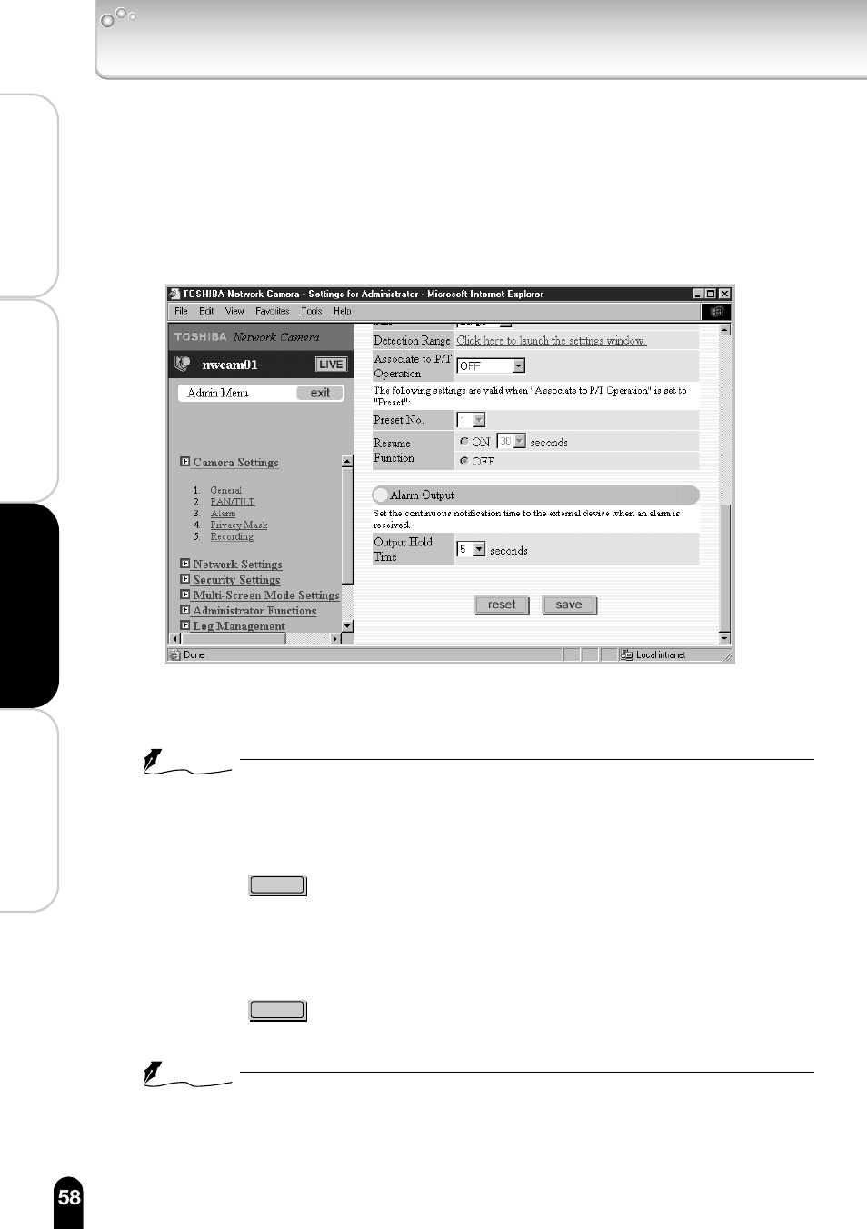 2)to finish configuring the alarm, To restore the previous configuration, Configuring the camera (cont.) | 2 ) t o finish configuring the alarm | Toshiba IK-WB11A User Manual | Page 58 / 119