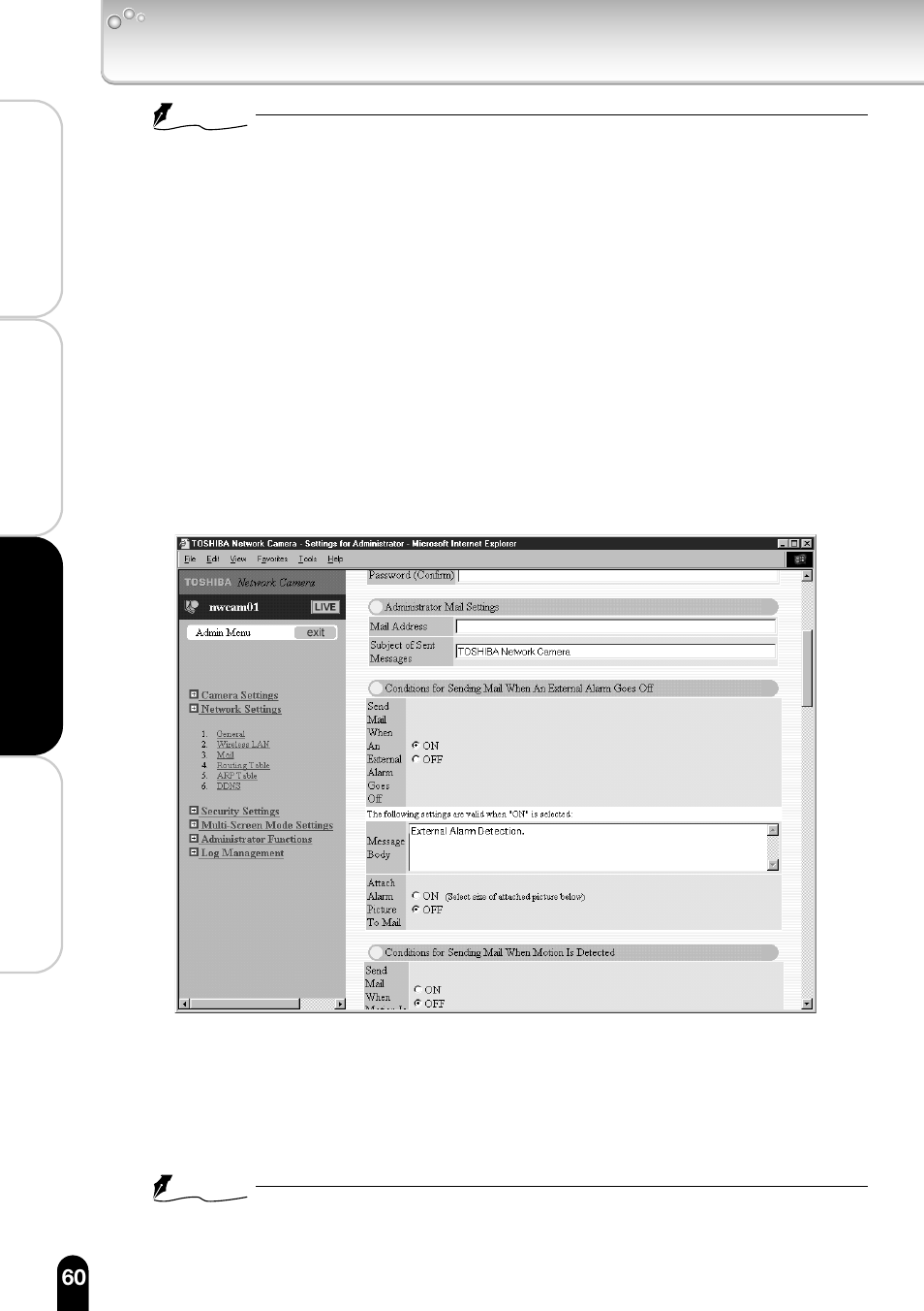 4)enter the administrator mail address, Configuring the camera (cont.) ii | Toshiba IK-WB11A User Manual | Page 60 / 119