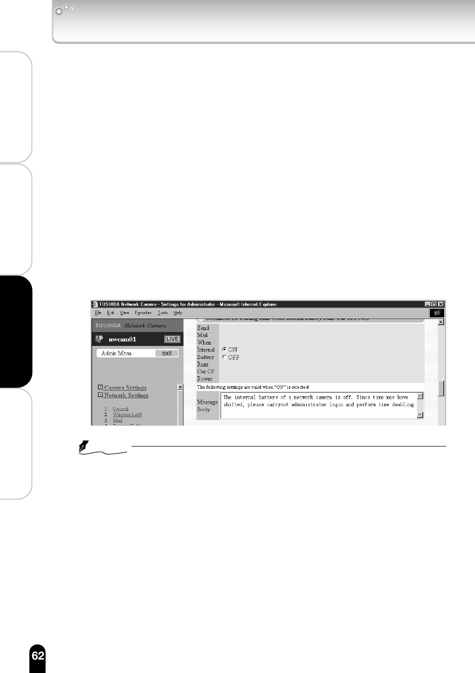 2)enter the message body, Ii configuring the camera (cont.) | Toshiba IK-WB11A User Manual | Page 62 / 119
