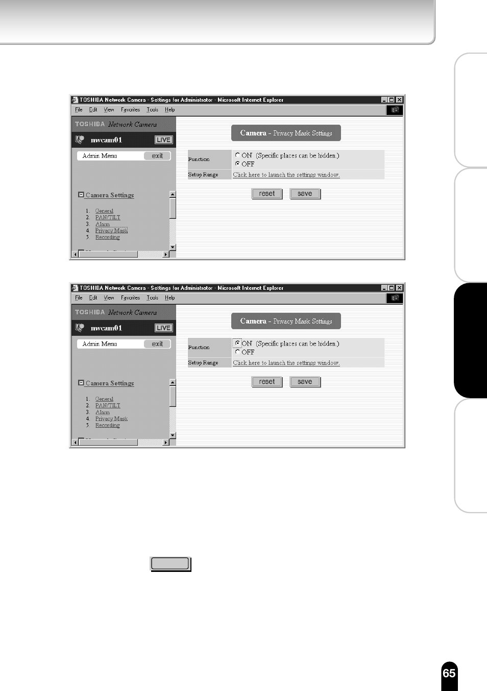 3)from the list of sub menus, click "privacy mask, 4)set "function" to "on, 6)click the i save ii button below the settings | Ii button below the settings | Toshiba IK-WB11A User Manual | Page 65 / 119