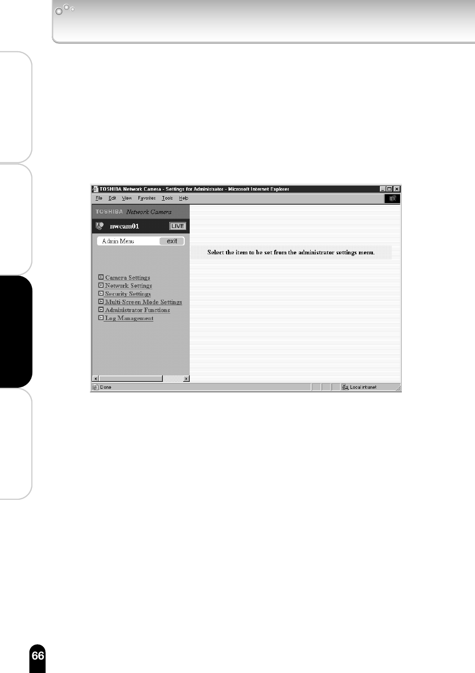 Configuring the camera (cont.) | Toshiba IK-WB11A User Manual | Page 66 / 119