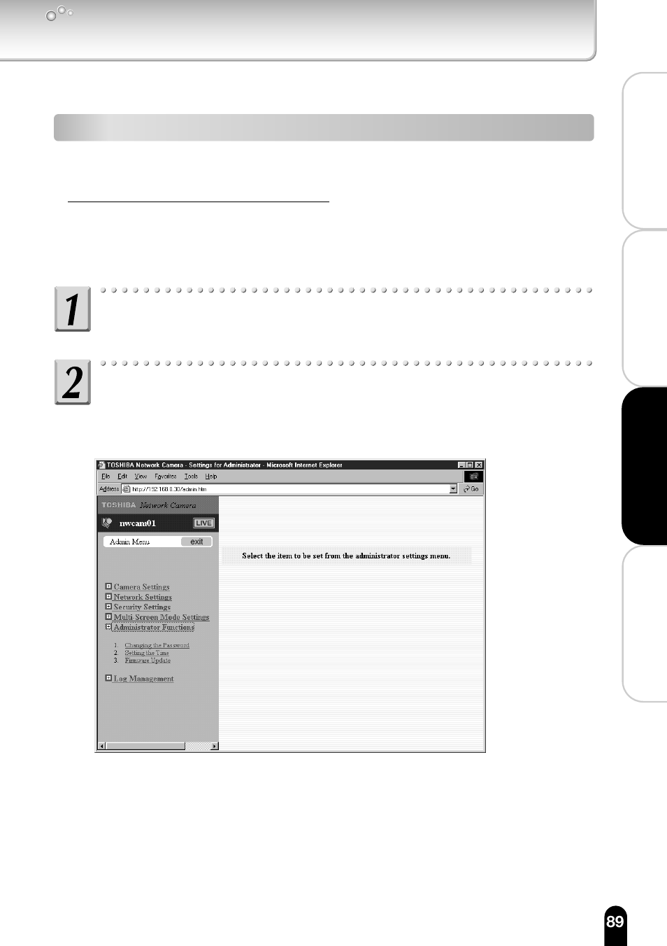 Updating the firmware, Initial procedure, Perform administrator login | A in the admin menu, click the toggle (+) of | Toshiba IK-WB11A User Manual | Page 89 / 119