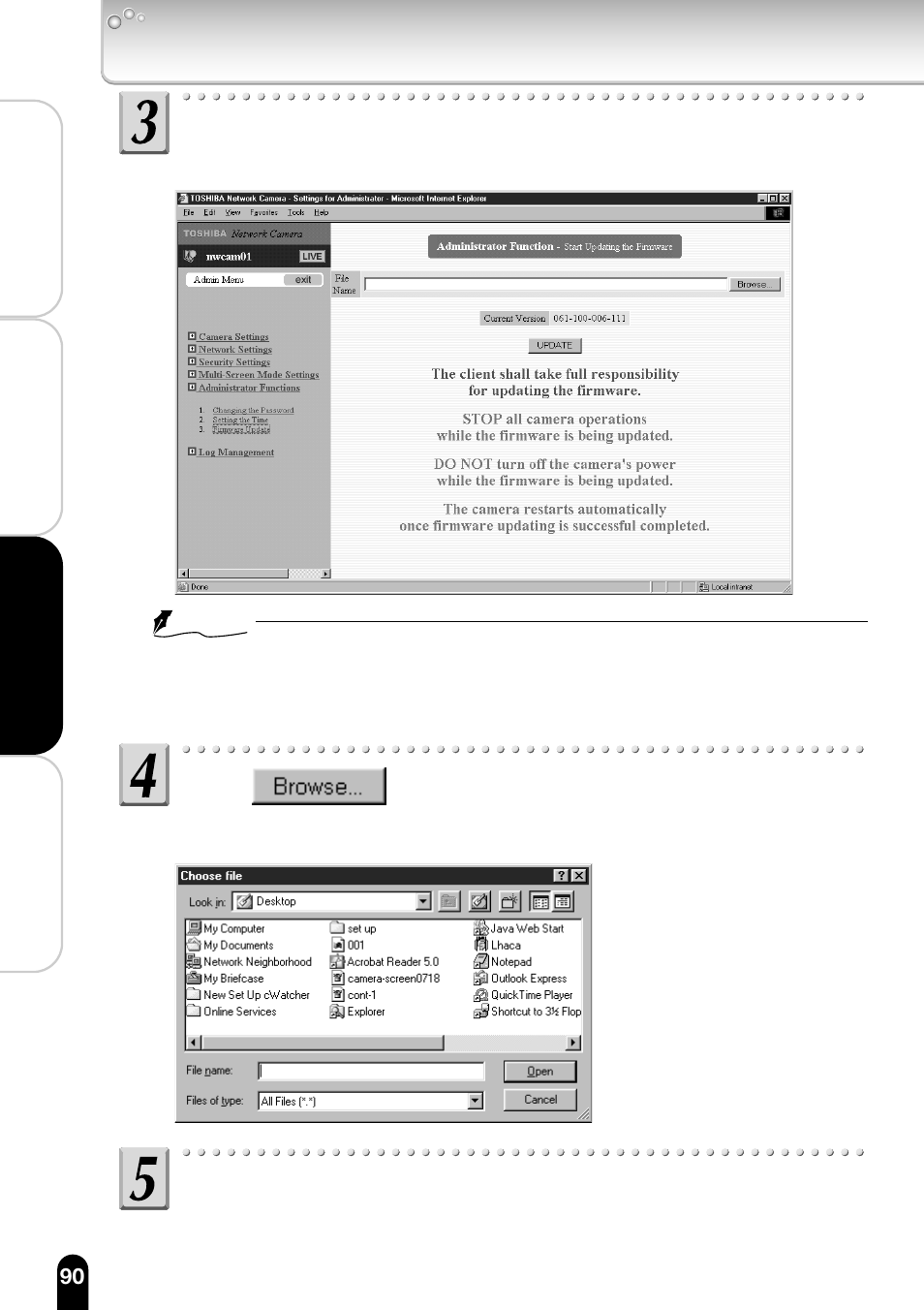 Updating the firmware (cont.), Click "firmware update, Click | The following screen appears | Toshiba IK-WB11A User Manual | Page 90 / 119