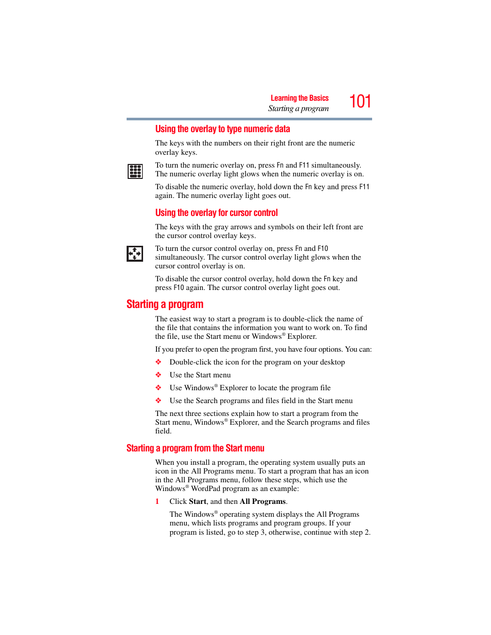 Starting a program, Starting a program from the start menu | Toshiba PORTEGE R700 series User Manual | Page 101 / 246