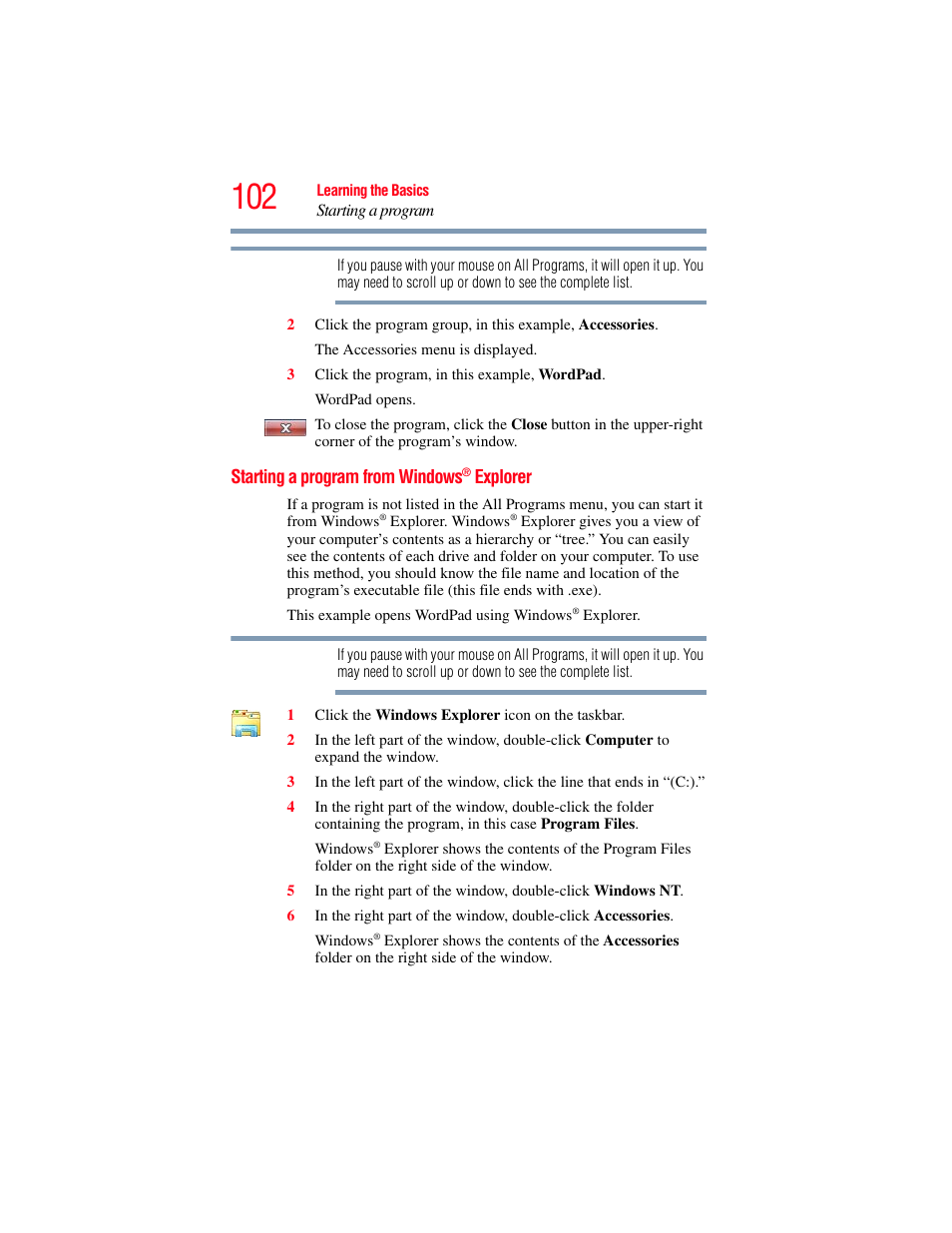 Starting a program from windows® explorer, Starting a program from windows, Explorer | Toshiba PORTEGE R700 series User Manual | Page 102 / 246