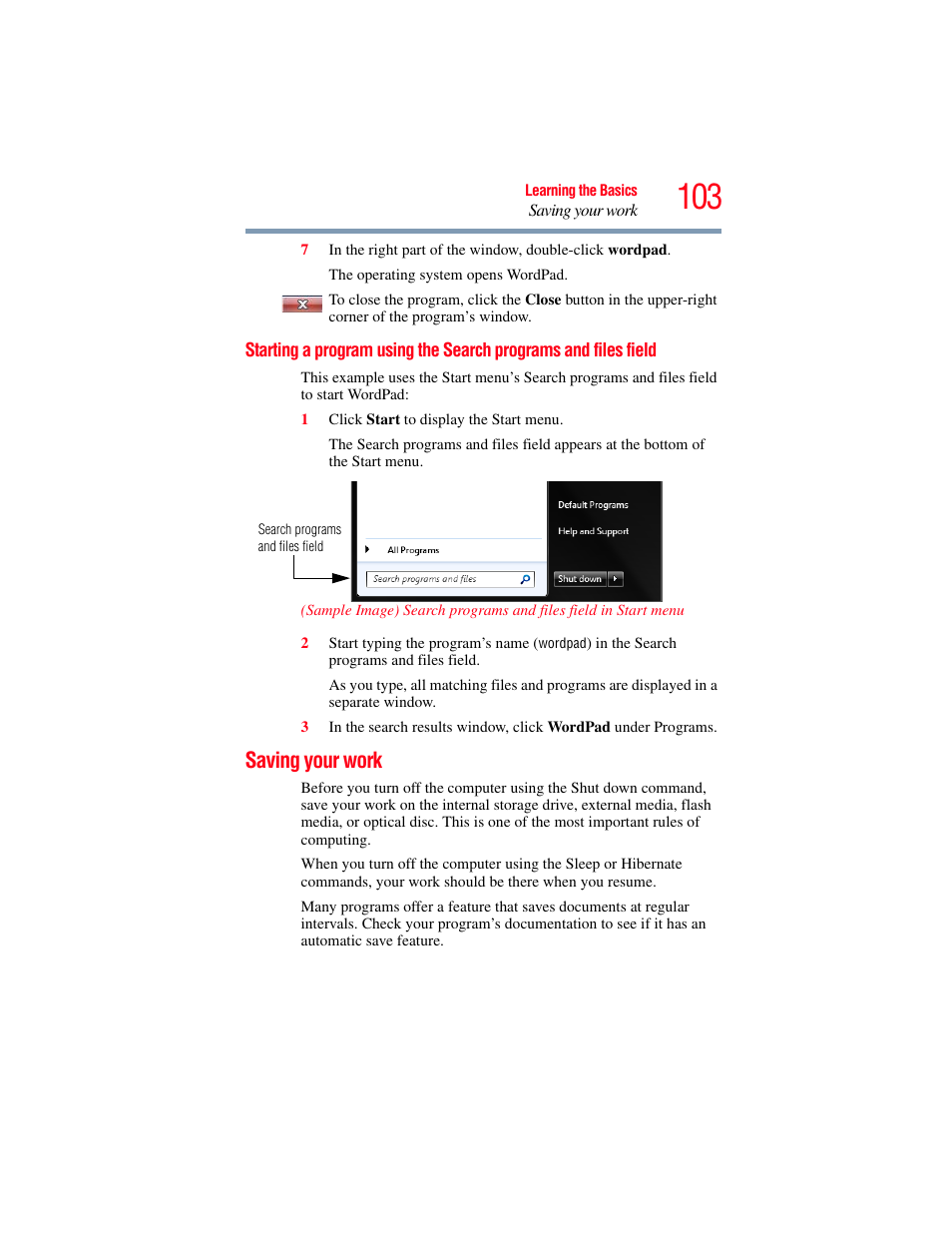 Saving your work, Starting a program using the search, Programs and files field | Toshiba PORTEGE R700 series User Manual | Page 103 / 246