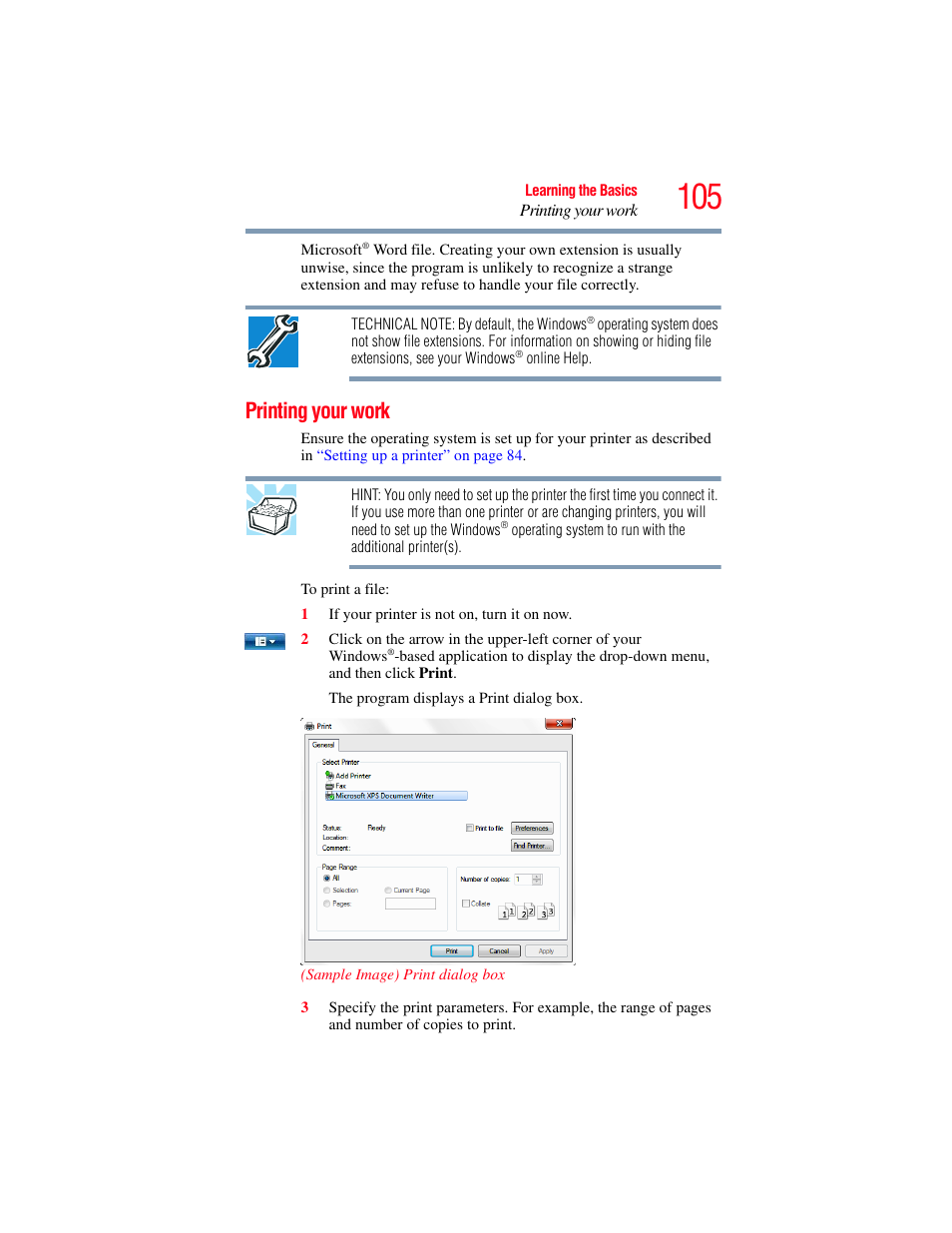 Printing your work | Toshiba PORTEGE R700 series User Manual | Page 105 / 246