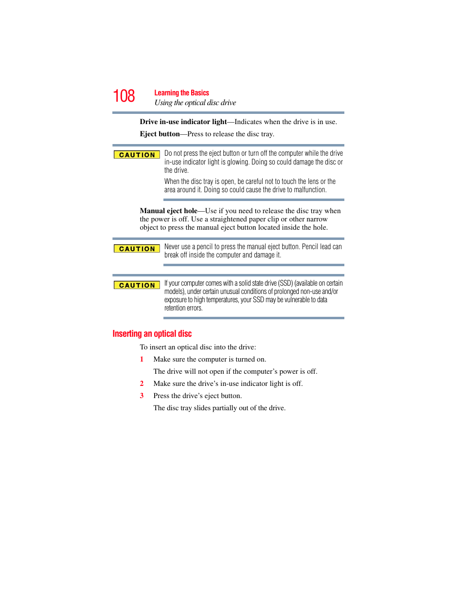 Inserting an optical disc | Toshiba PORTEGE R700 series User Manual | Page 108 / 246