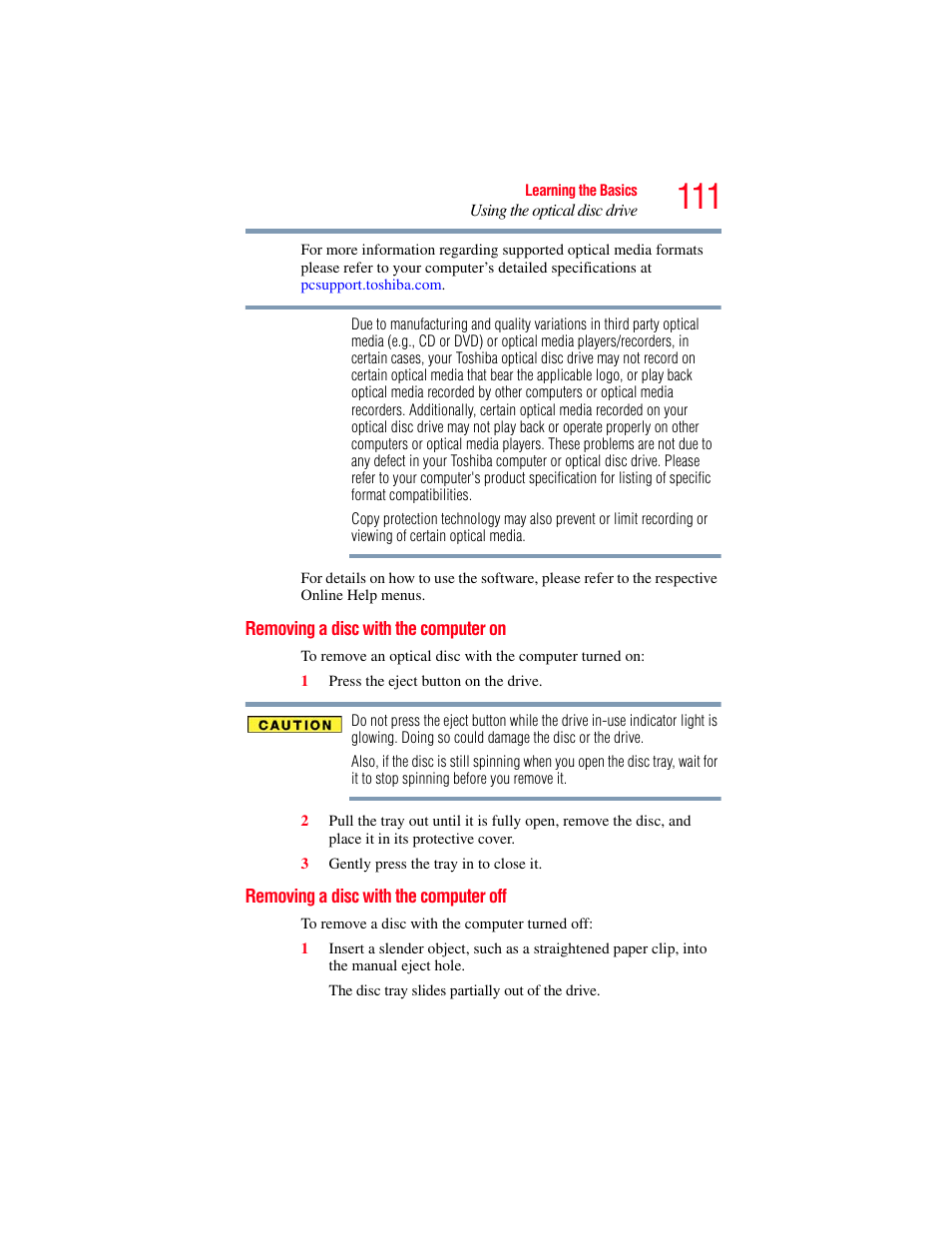 Removing a disc with the computer on, Removing a disc with the computer off | Toshiba PORTEGE R700 series User Manual | Page 111 / 246