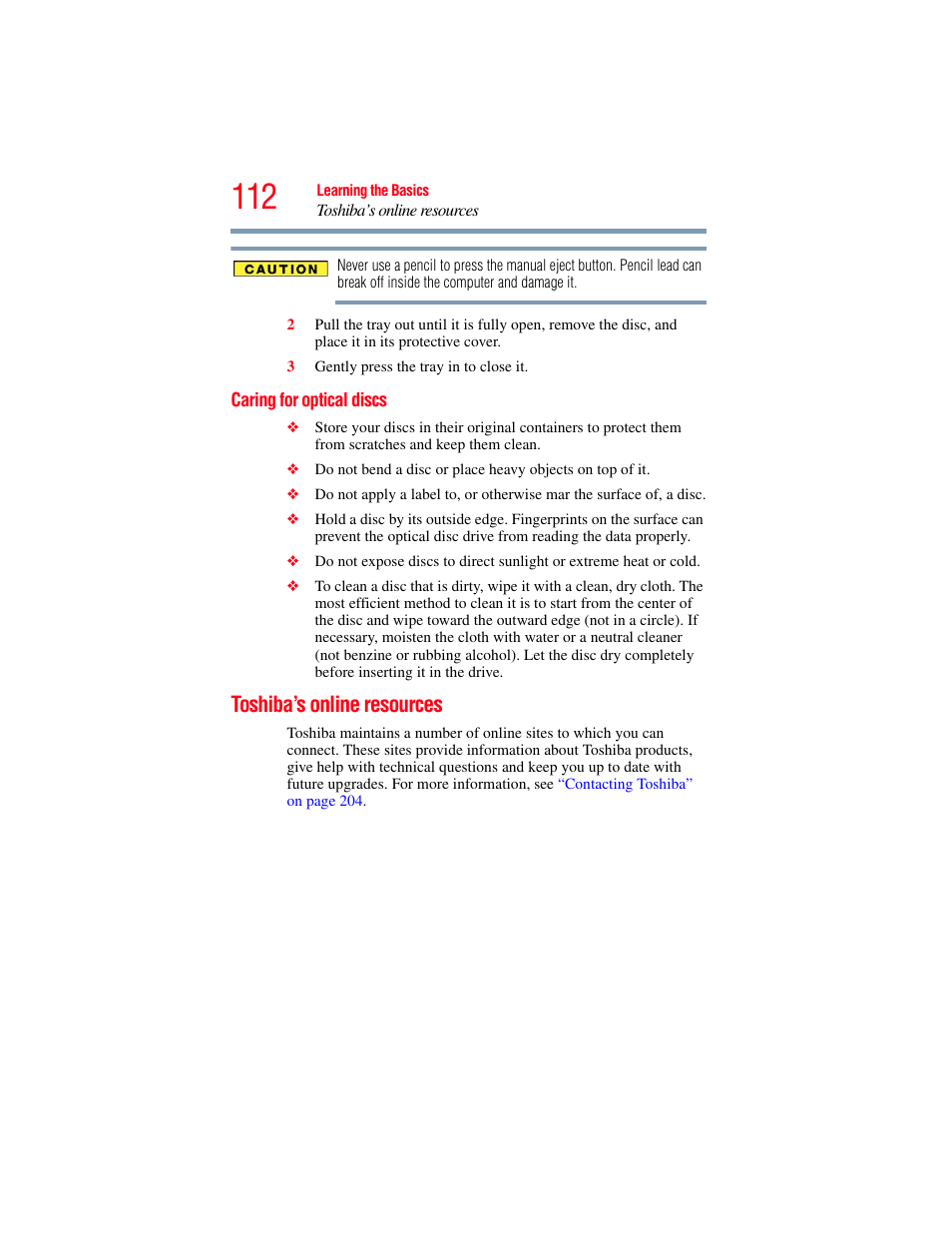 Caring for optical discs, Toshiba’s online resources | Toshiba PORTEGE R700 series User Manual | Page 112 / 246