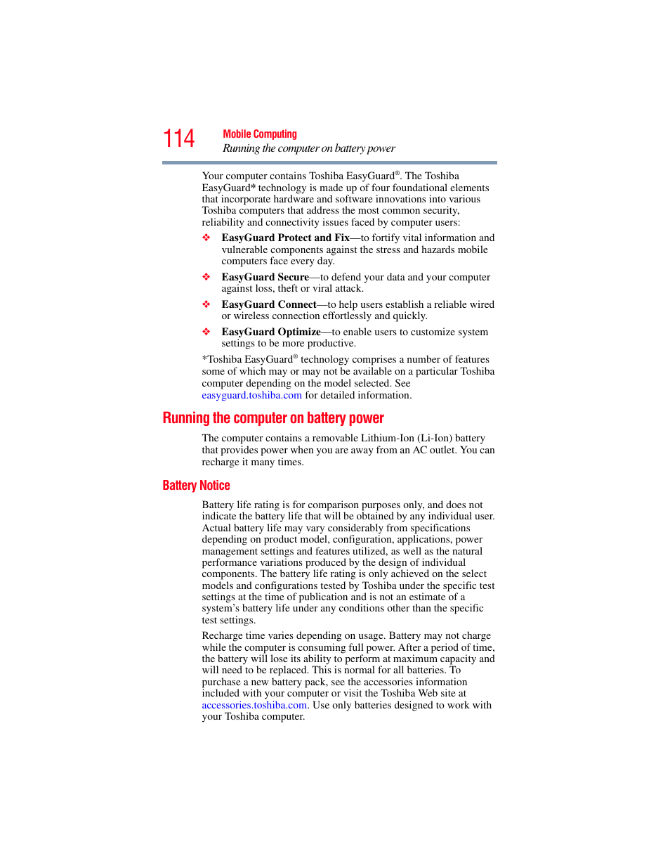 Running the computer on battery power, Battery notice | Toshiba PORTEGE R700 series User Manual | Page 114 / 246