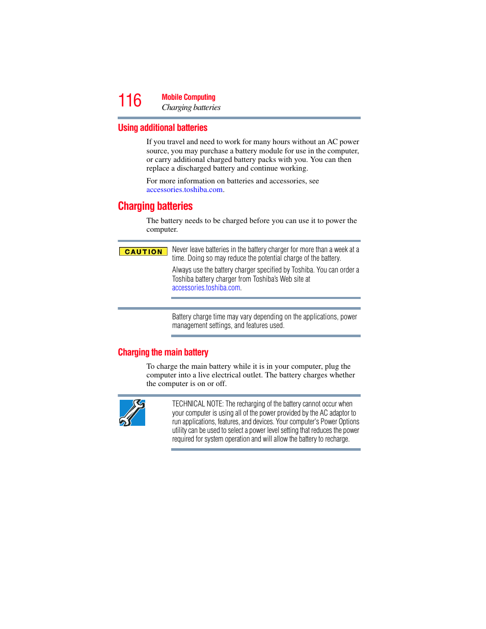 Using additional batteries, Charging batteries, Charging the main battery | Toshiba PORTEGE R700 series User Manual | Page 116 / 246