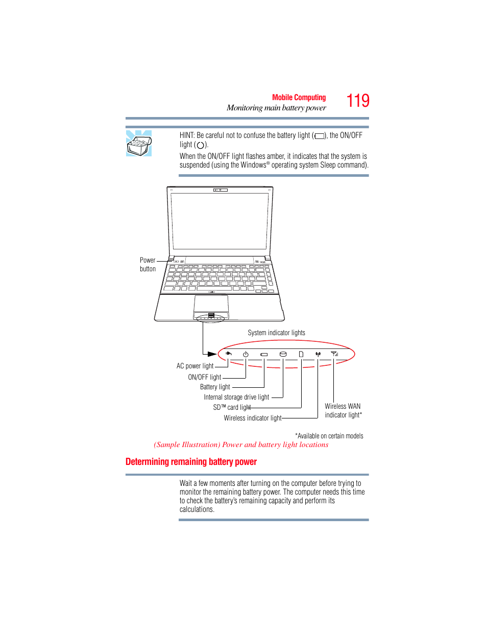 Determining remaining battery power | Toshiba PORTEGE R700 series User Manual | Page 119 / 246