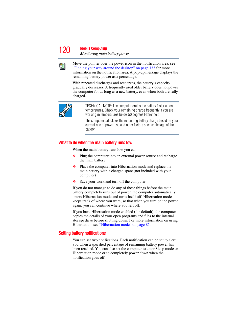What to do when the main battery runs low, Setting battery notifications, What to do when the main battery runs | Toshiba PORTEGE R700 series User Manual | Page 120 / 246