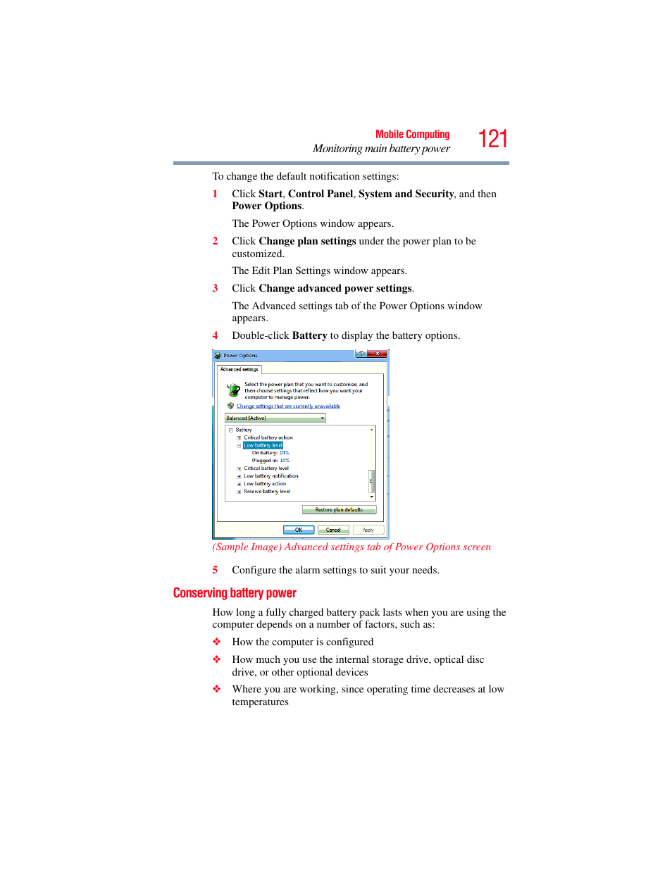 Conserving battery power | Toshiba PORTEGE R700 series User Manual | Page 121 / 246