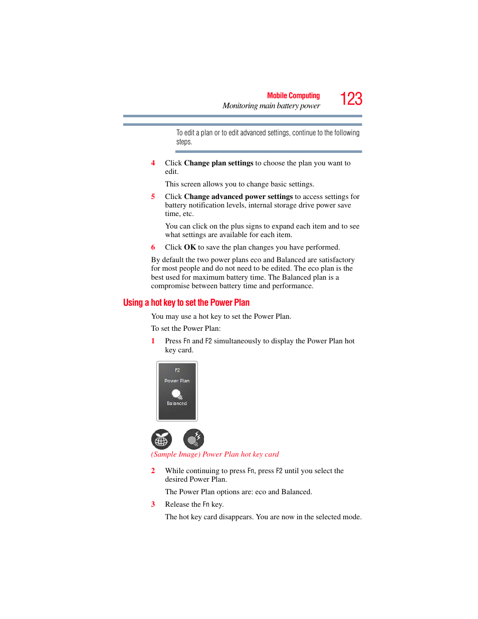 Using a hot key to set the power plan | Toshiba PORTEGE R700 series User Manual | Page 123 / 246