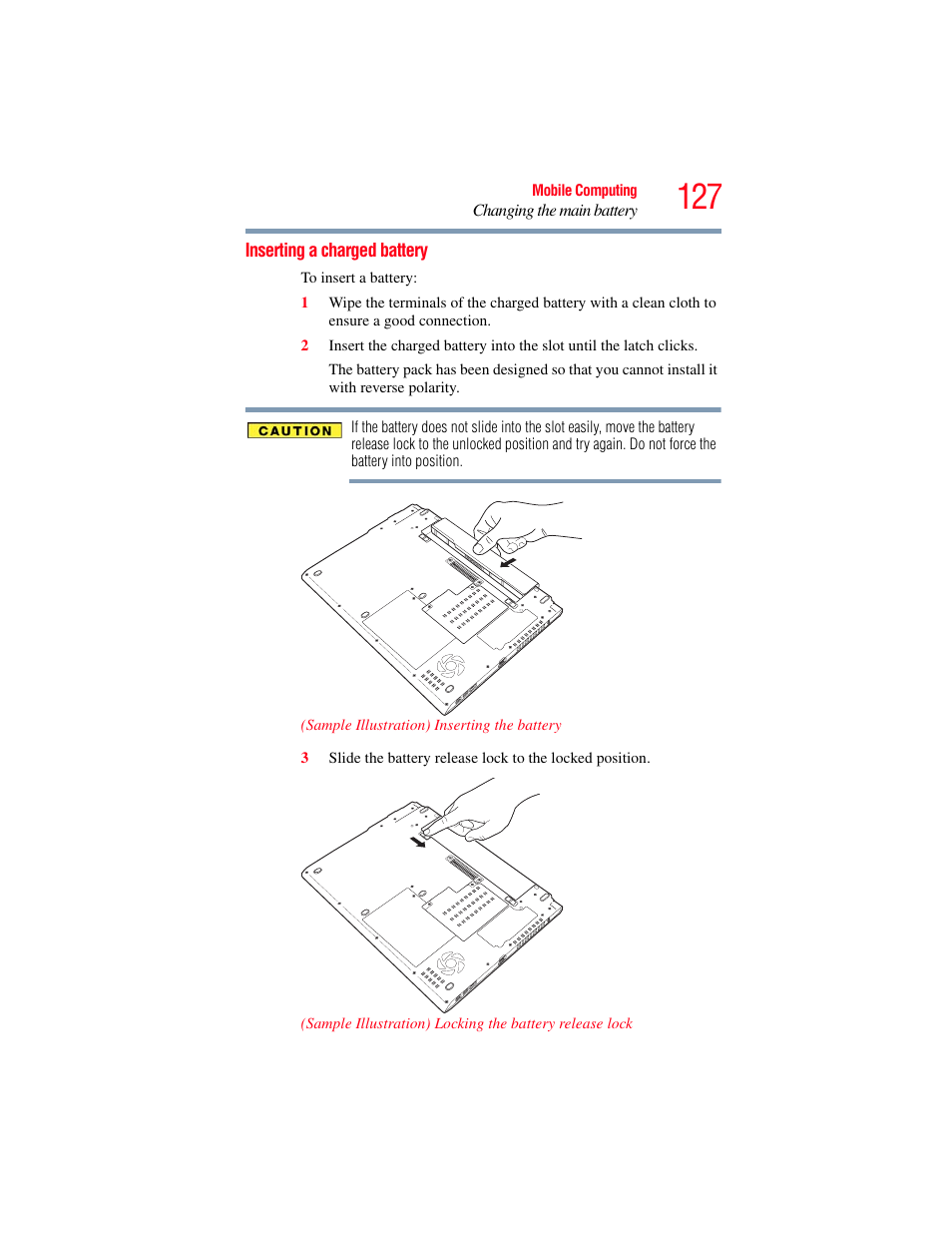 Inserting a charged battery | Toshiba PORTEGE R700 series User Manual | Page 127 / 246