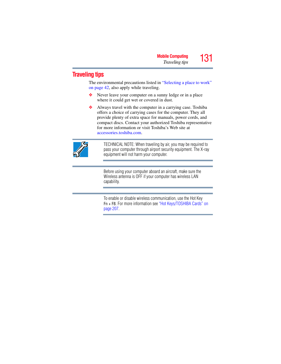 Traveling tips | Toshiba PORTEGE R700 series User Manual | Page 131 / 246