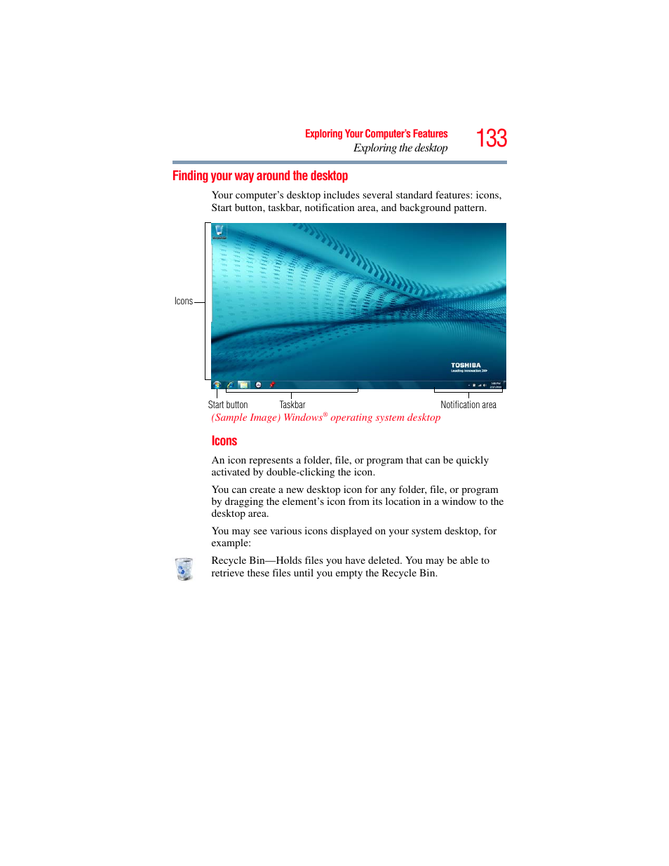 Finding your way around the desktop | Toshiba PORTEGE R700 series User Manual | Page 133 / 246