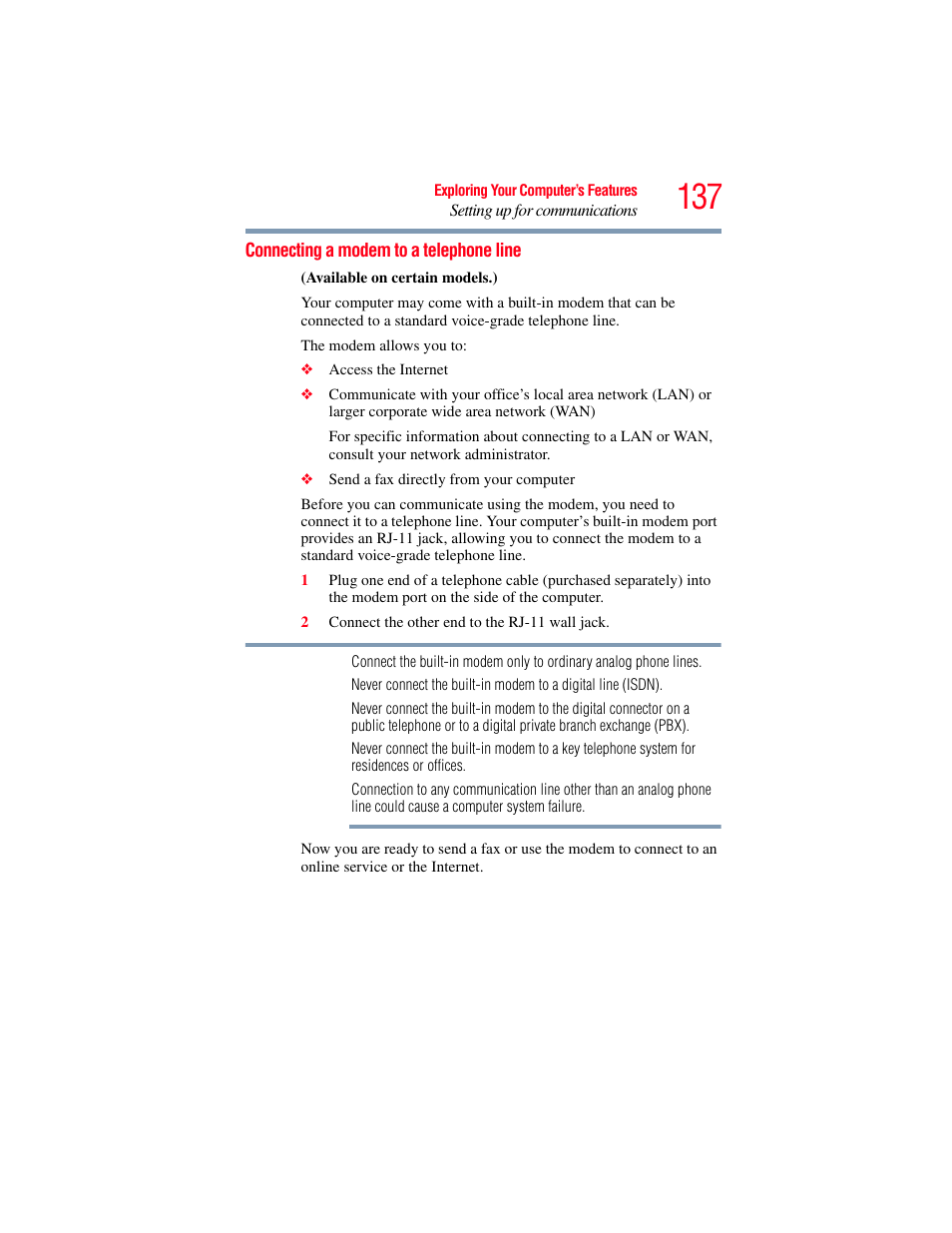 Connecting a modem to a telephone line | Toshiba PORTEGE R700 series User Manual | Page 137 / 246