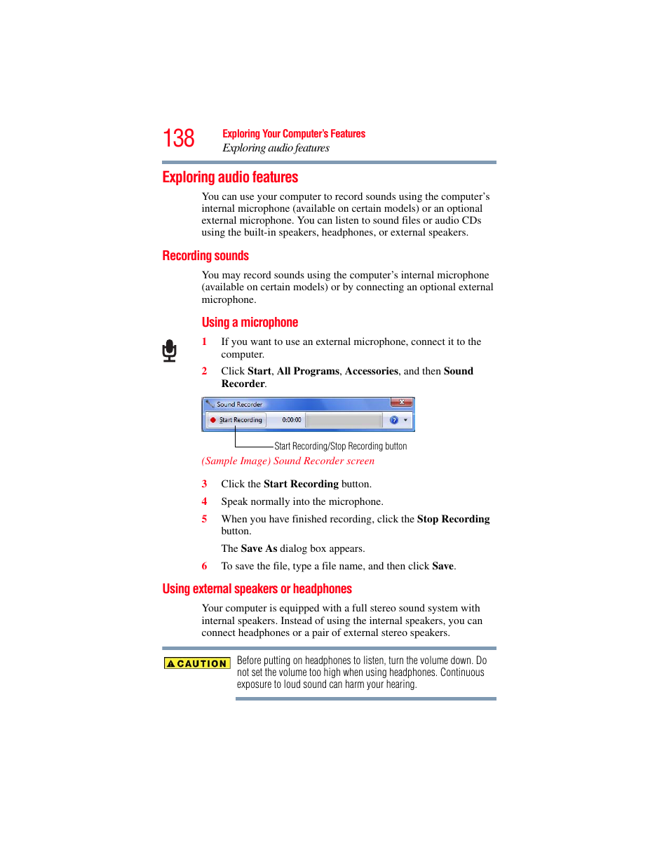 Exploring audio features, Recording sounds, Using external speakers or headphones | Toshiba PORTEGE R700 series User Manual | Page 138 / 246